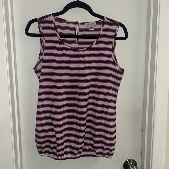 Loft Purple And White Striped Pullover Sleeveless Pleated Scoop Neck Top Small - Picture 2 of 8